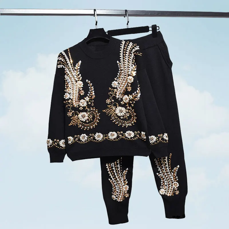 Autumn Winter Thick Section Sweater 2 Piece Set Women Printed Beaded Embroidery Long Sleeves Jacket Harem Pants Piece Set SS378
Autumn Winter Thick Section Sweater 2 Piece Set Women Printed Beaded Embroidery Long Sleeves Jacket Harem Pants Piece Set SS378