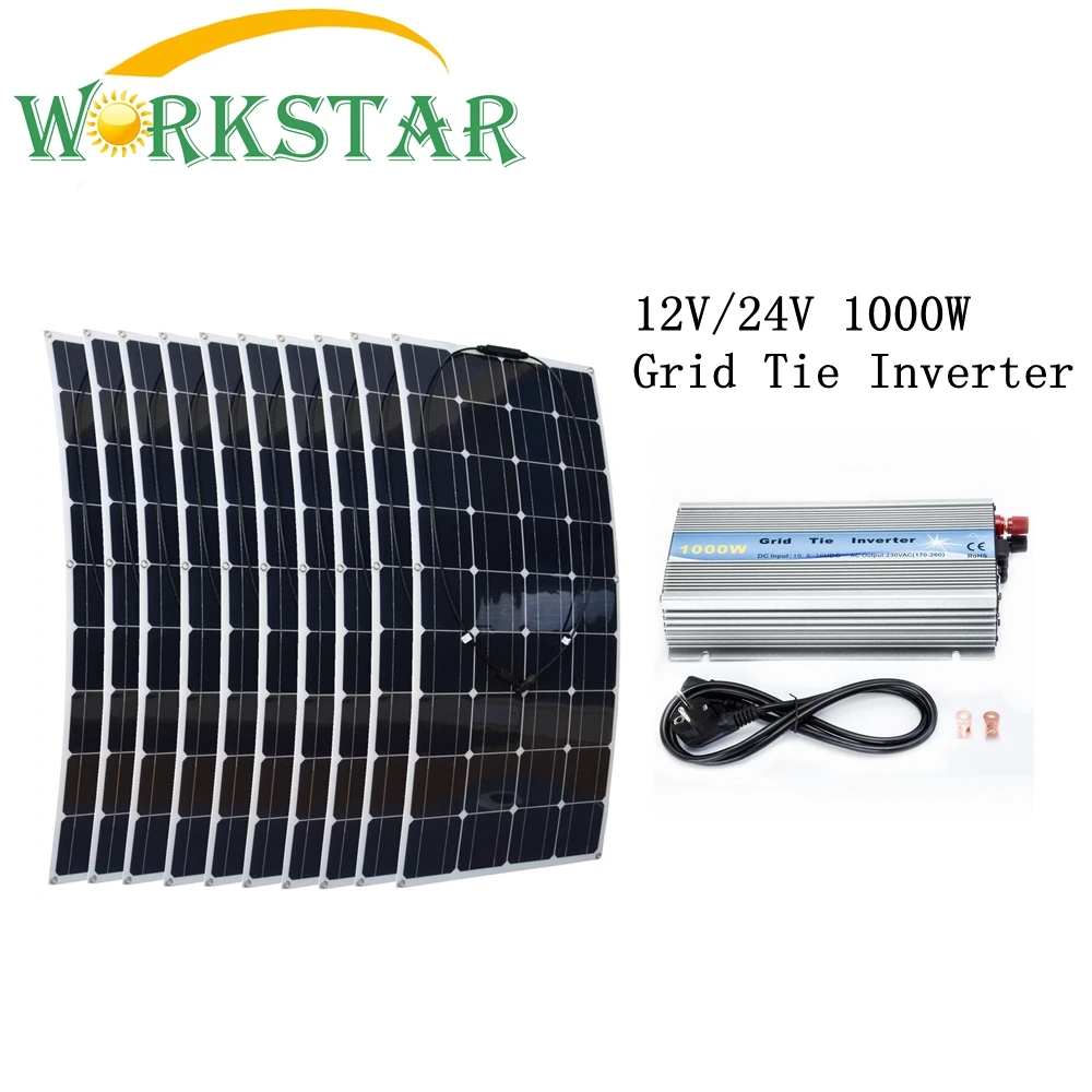 10*100W Flexible Solar Panels Solar Module with 1000W Grid Tie Pure Sine Wave Inverter 1000W Houseuse Grid Tie Solar System 
10*100W Flexible Solar Panels Solar Module with 1000W Grid Tie Pure Sine Wave Inverter 1000W Houseuse Grid Tie Solar System