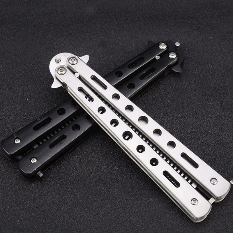 Black Silver Stainless Steel Practice Butterfly In Knife Balisong Trainer Training Folding Knife Comb Dull Tool Outdoor Camping
Black Silver Stainless Steel Practice Butterfly In Knife Balisong Trainer Training Folding Knife Comb Dull Tool Outdoor Camping