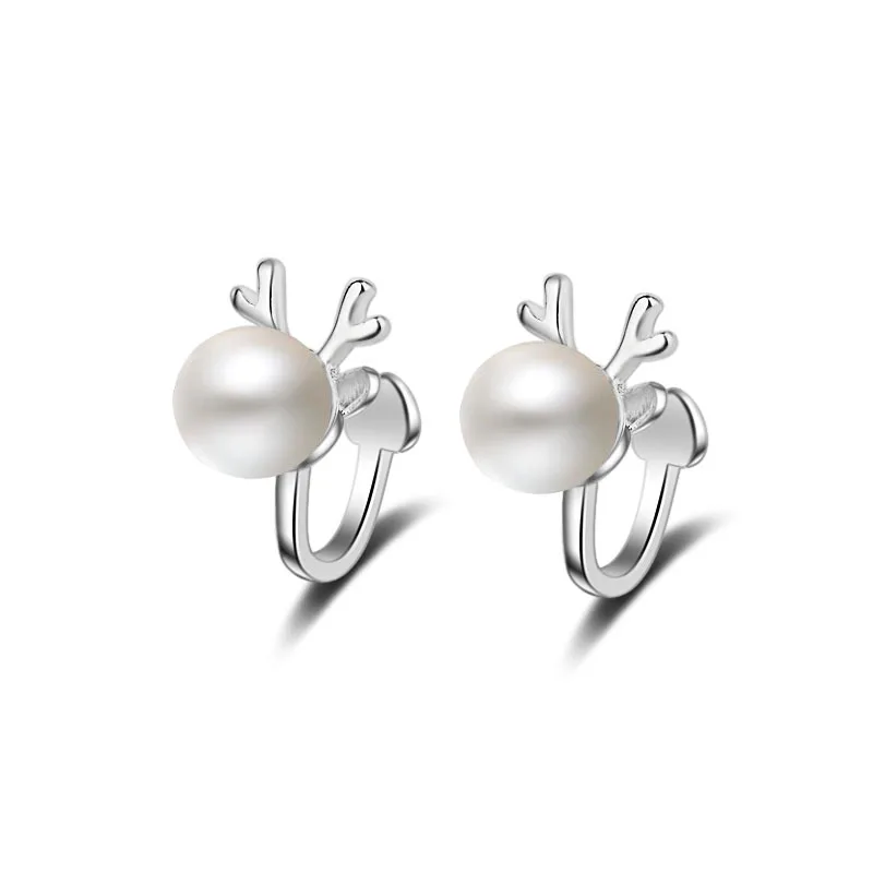 

Cute Antlers Clip Earring for Women with White freshwater Pearl Ear Clip Jewelry 925 Sterling Silver Retail A Pair