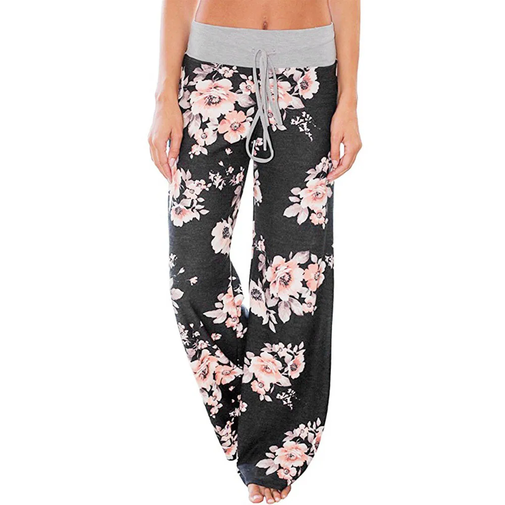 

Plus Size 2017 Trousers Women Black Floral Printed Drawstring Mid Waist Casual Pantacourt Wide Leg Pants Pantalon Femme Mujer