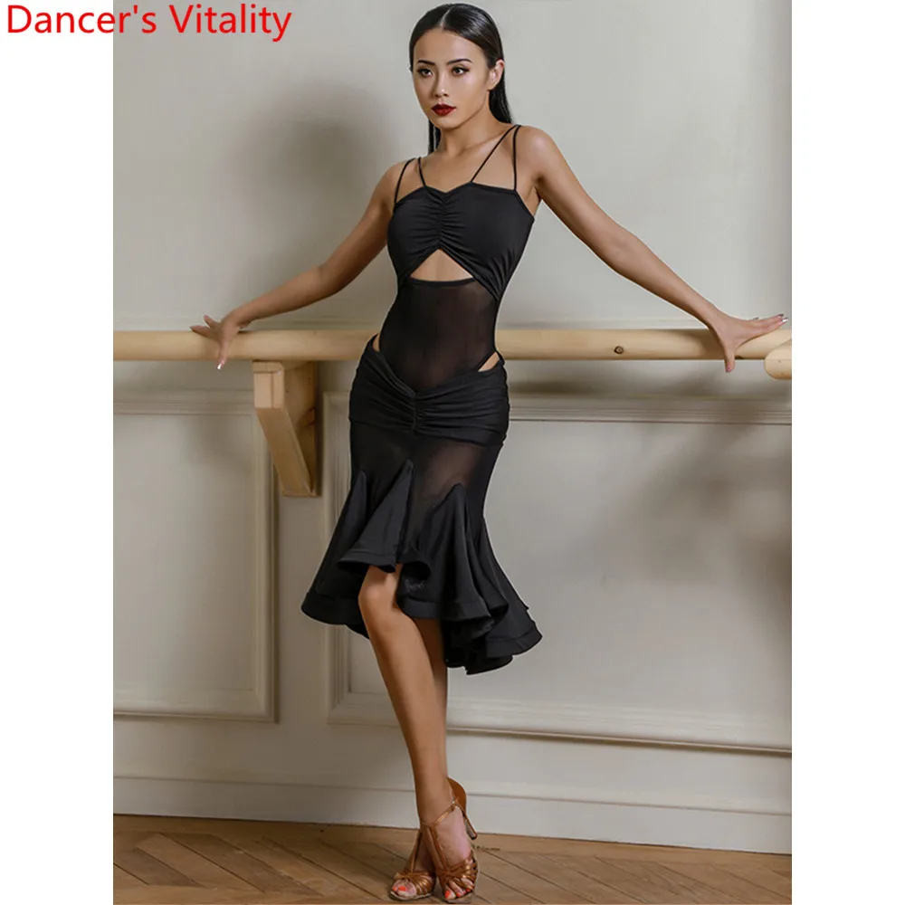 

Latin Dance Adult Cut out Mesh Fishtail Dress with Chest Pad Underpants Rumba Samba Tango Cha Cha Dancing Wear Competition Suit