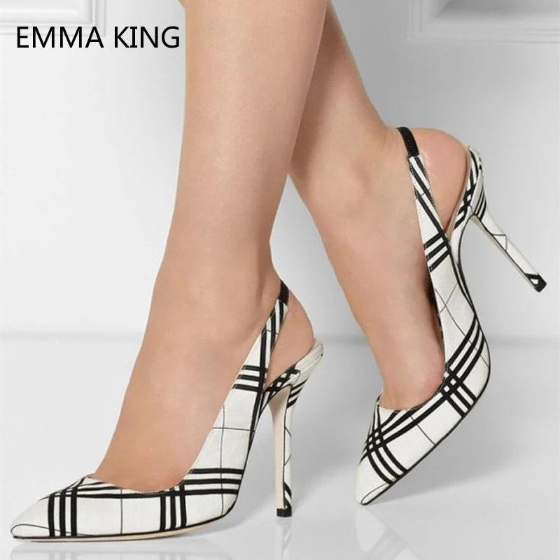 Черные и белые клетчатые туфли-лодочки с ремешком на пятке женские эластичные
