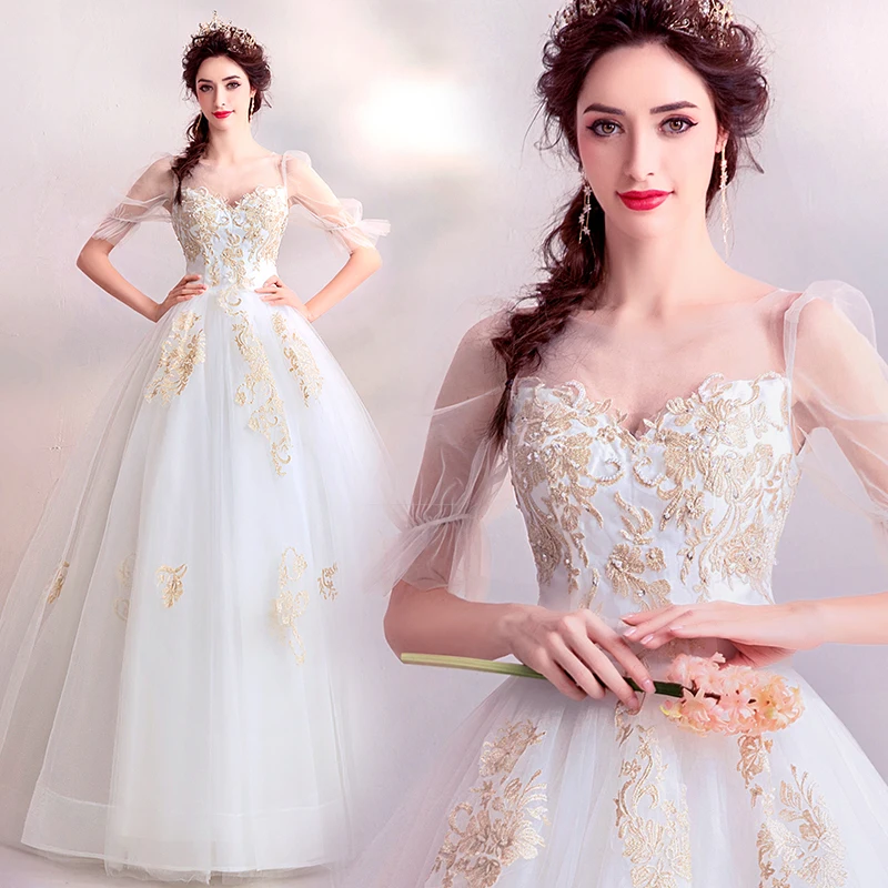 New Arrival Elegant Golden Silk Decorated Short Lantern Sleeves Wedding Dress 121
New Arrival Elegant Golden Silk Decorated Short Lantern Sleeves Wedding Dress 121