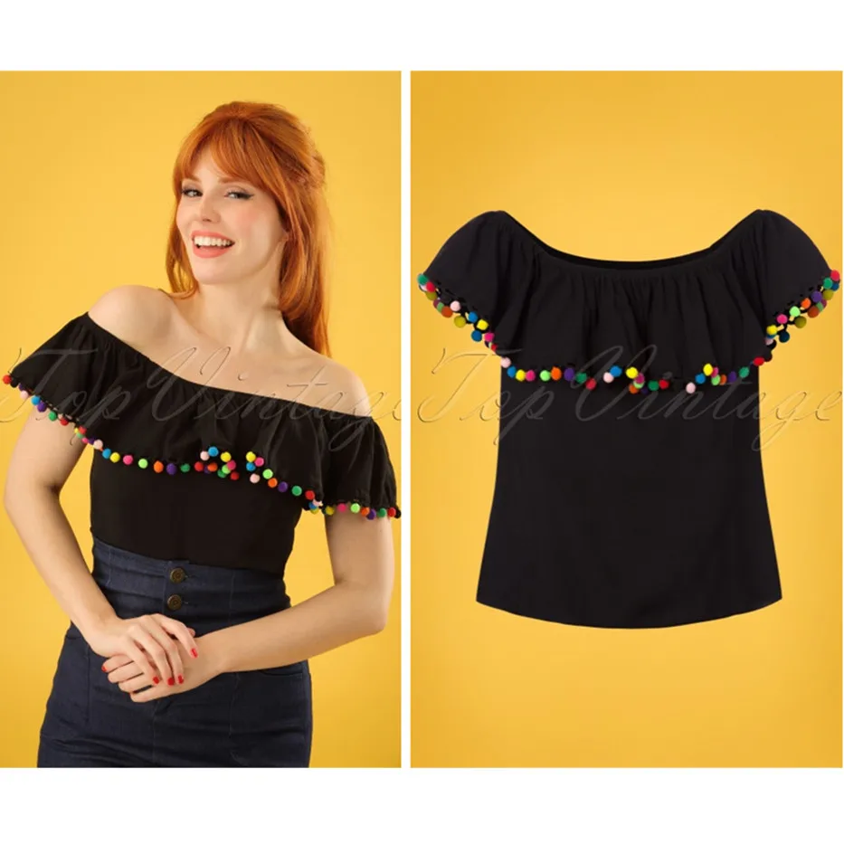 30- summer women vintage 50s ronda pom pom top in black pinup style off shoulder ruffle collar t shirt plus size camisetas
30- summer women vintage 50s ronda pom pom top in black pinup style off shoulder ruffle collar t shirt plus size camisetas