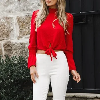 Womens Solid Color Stand Collar Ruffles Short Blouse Elasticated Long-sleeved Chiffon Lace Up Elegant Women Blouse And Tops
Womens Solid Color Stand Collar Ruffles Short Blouse Elasticated Long-sleeved Chiffon Lace Up Elegant Women Blouse And Tops