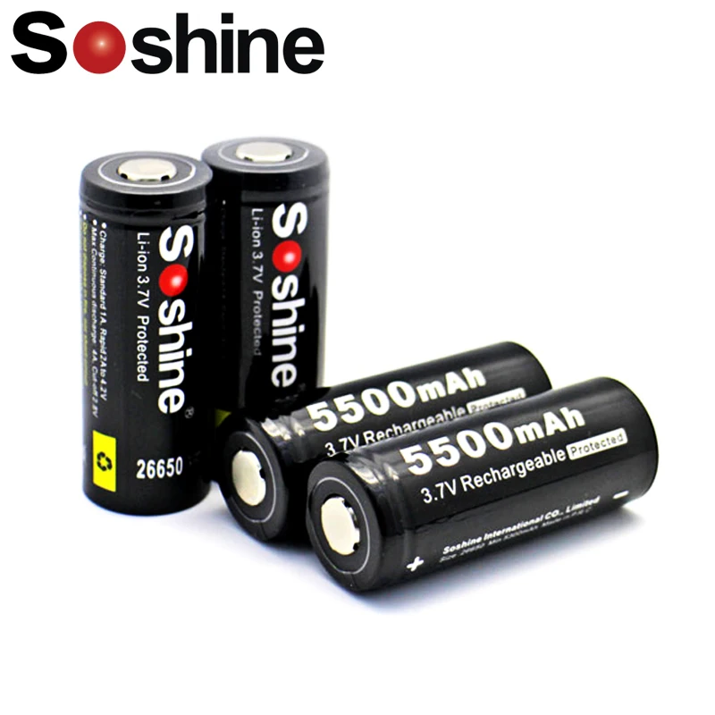 

4pcs/lot Soshine 26650 3.7V 5500mAh Protected Rechargeable Li-ion Lithium Battery