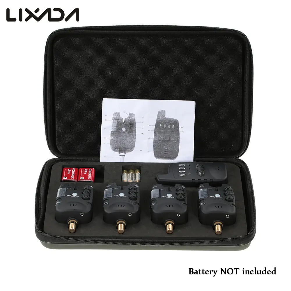 

LIXADA New Digital Bite Alarm Set Wireless Fishing Alarm Set 4 Fishing Bite Alarms + 1 Receiver in Case LED Carp Fishing