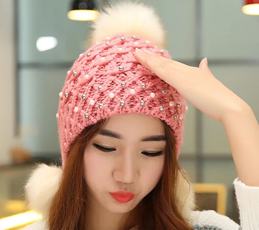 

BomHCS Diamond Winter Warm Baggy Beret Chunky Knitted Ear Muff Braided Beanie Hat Wiht Three Fur Hari Balls