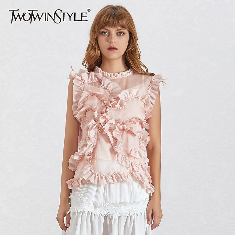 TWOTWINSTYLE Summer Sleeveless Women Shirt O Neck Off Shoulder Irregular Ruffles Blouse Female Fashion Clothes 2019 New Tide
TWOTWINSTYLE Summer Sleeveless Women Shirt O Neck Off Shoulder Irregular Ruffles Blouse Female Fashion Clothes 2019 New Tide