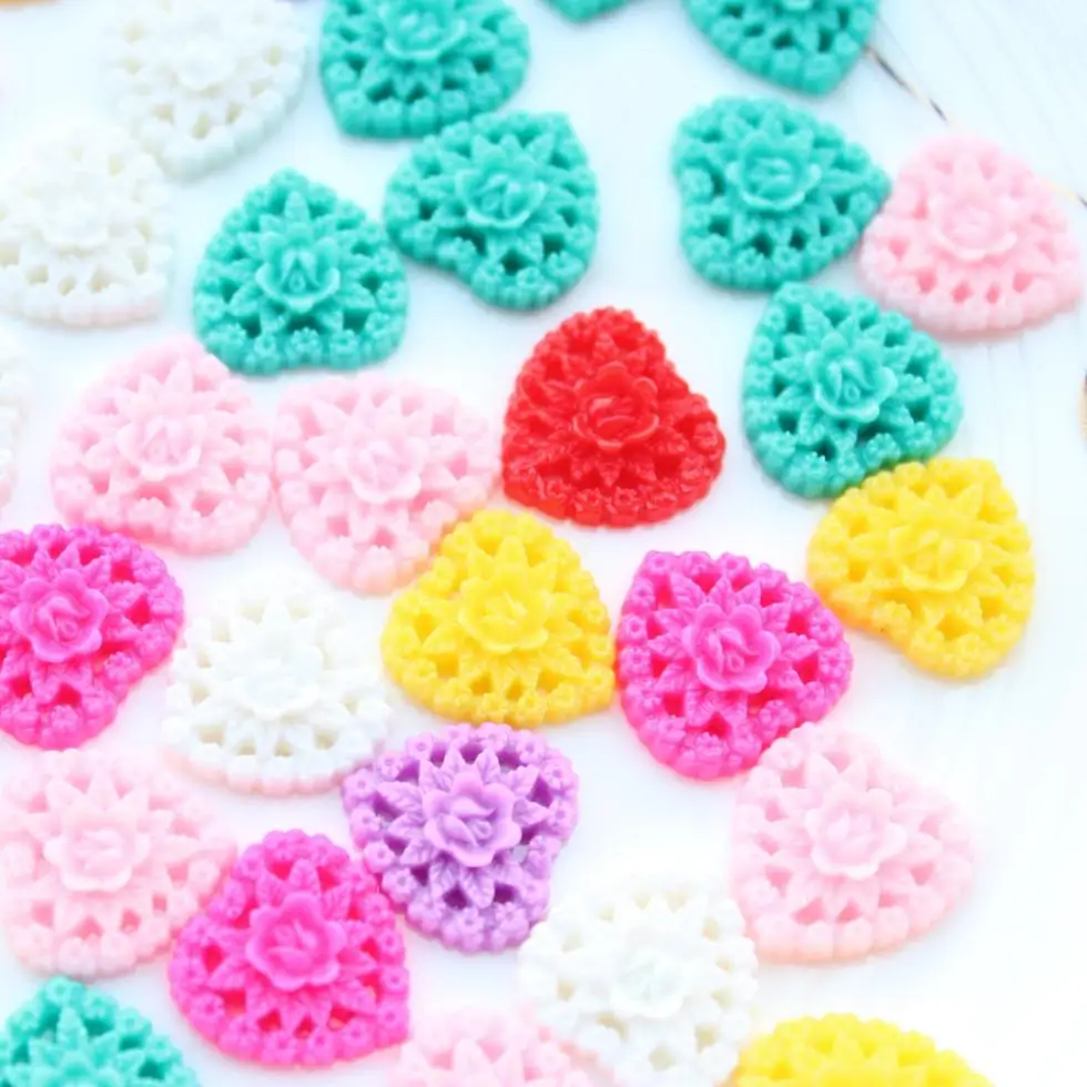 200pccs mixed Color Rose Heart Flower Resin Cabochons Shaped 16mm kitsch decoden pieces filigree flower bouquet | Украшения и