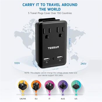 TESSAN Travel Wall Mount Power Strip USA to UK/AU/EU/Italy/GM Plug USB Ports &US Outlets With 5 International Plug Adapters
TESSAN Travel Wall Mount Power Strip USA to UK/AU/EU/Italy/GM Plug USB Ports &US Outlets With 5 International Plug Adapters