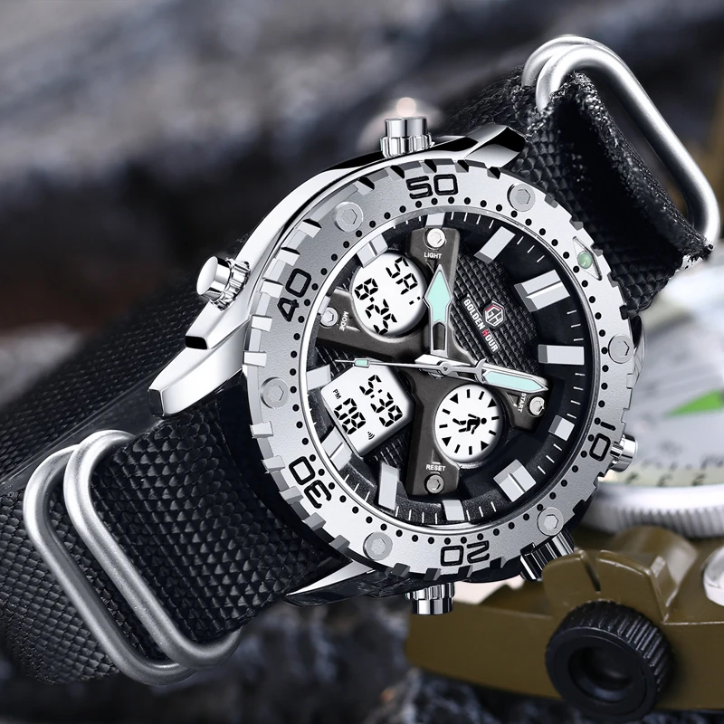 GOLDENHOUR Fashion Outdoor Sports Men Watch Army Military Canvas Analog Digital Wristwatch Dual Display Silver Case Male Clock
GOLDENHOUR Fashion Outdoor Sports Men Watch Army Military Canvas Analog Digital Wristwatch Dual Display Silver Case Male Clock