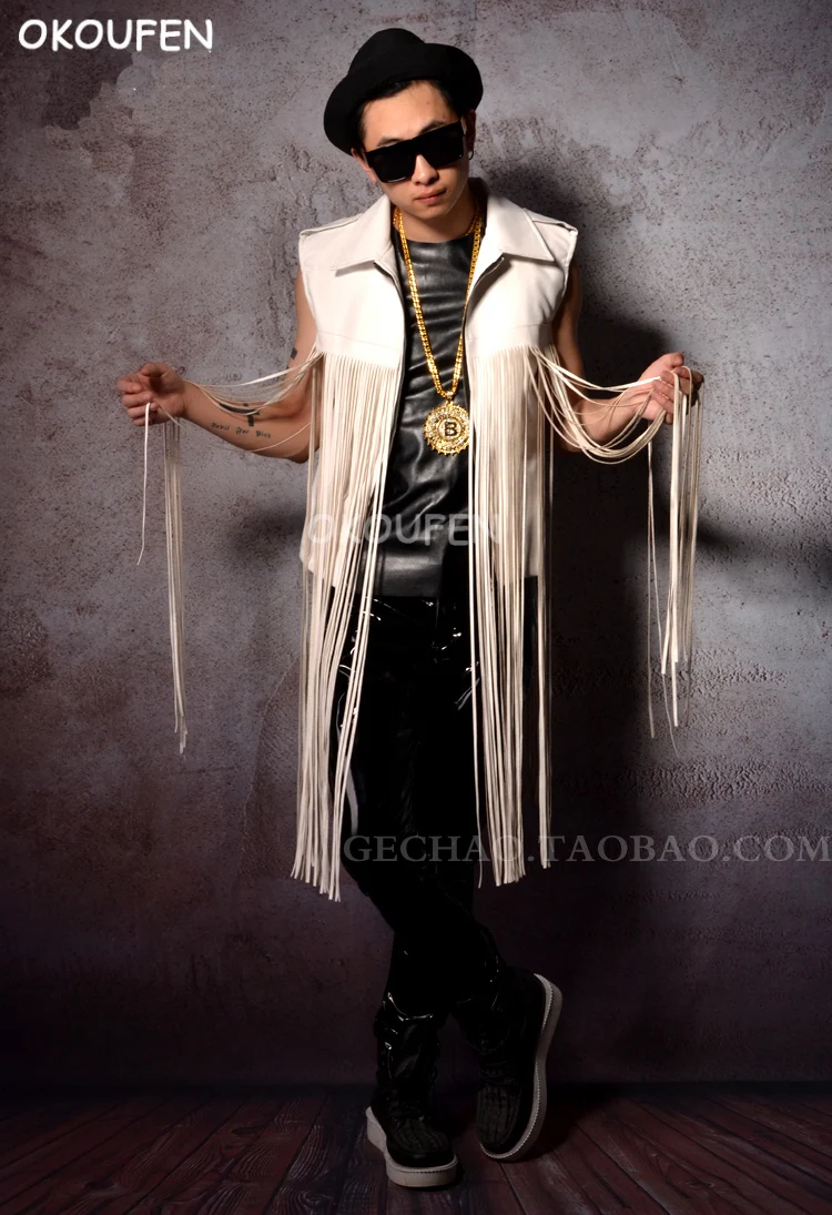Cool Man motocycle Leather Vest Personality White Long Tassel outwear nightclub bar singer DJ performance costume
Cool Man motocycle Leather Vest Personality White Long Tassel outwear nightclub bar singer DJ performance costume