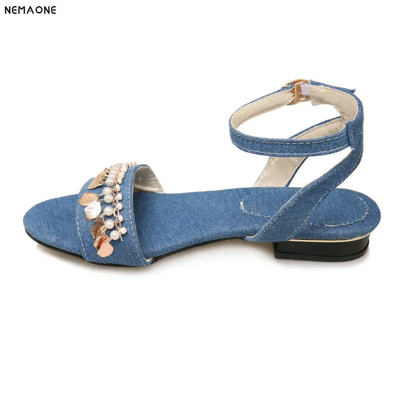NEMAONE denim Women Sandals open Toe low Heel Sandals Summer Daily Shoes Woman white pink blue large size 10 11 12