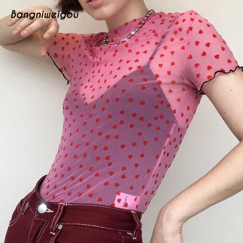 

Bangniweigou Red Hearts Print Crop Top Mesh See Through Short Sleeve 90s Clothing Girls Summer Sheer T Shirt Pink Tie-Dye Tshirt