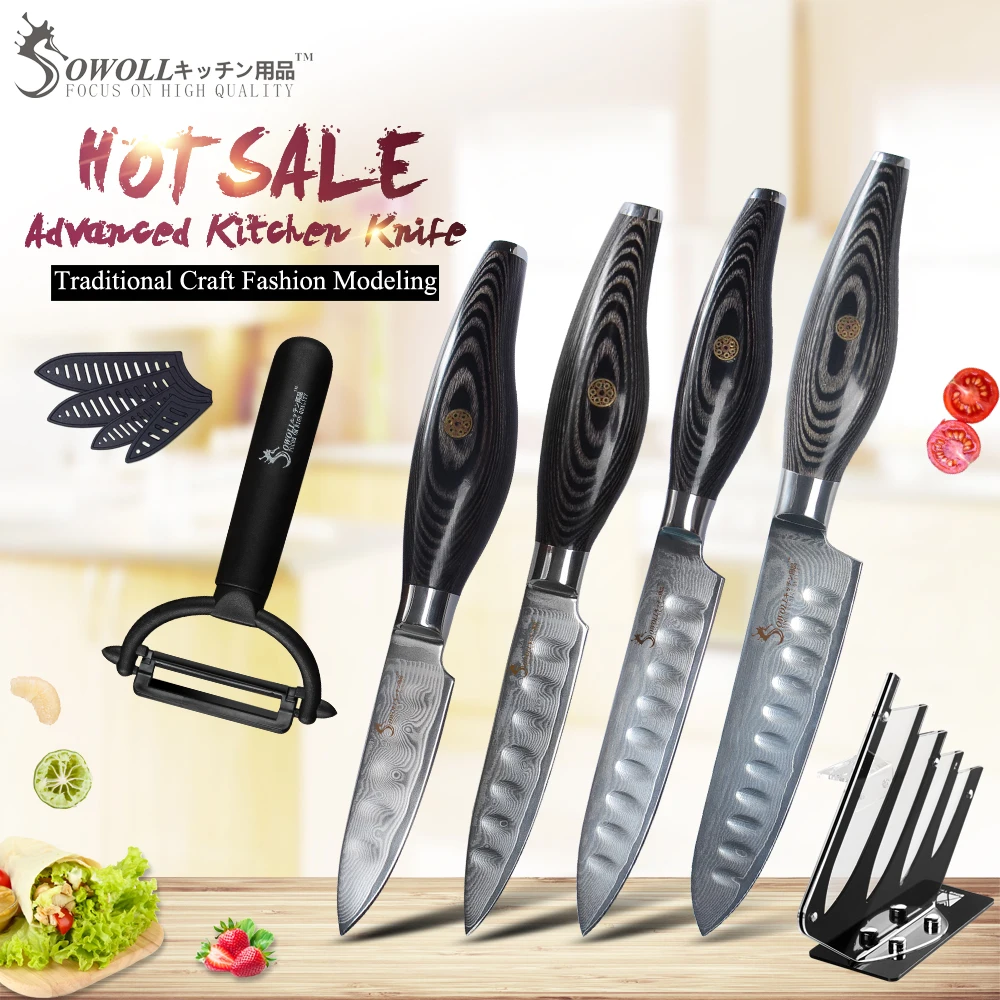SOWOLL VG10 Damascus Steel Knives 6 Pcs Set 67 Layers Ultra Sharp 3, 4, 5, 6 inch Damascus Kitchen Knife With Peeler Knife Stand
SOWOLL VG10 Damascus Steel Knives 6 Pcs Set 67 Layers Ultra Sharp 3, 4, 5, 6 inch Damascus Kitchen Knife With Peeler Knife Stand