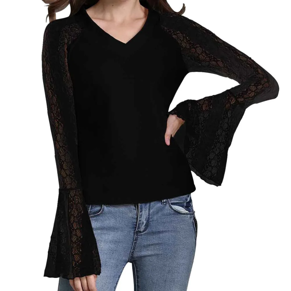 S~3XL Women's long sleeves V neck Lace Perspective Trumpet Sleeve Bottoming V-Neck Casual female T-shirt camiseta feminina
S~3XL Women's long sleeves V neck Lace Perspective Trumpet Sleeve Bottoming V-Neck Casual female T-shirt camiseta feminina