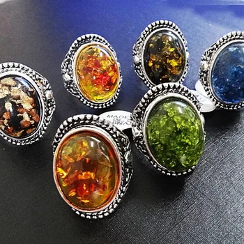 

New Arrival 10pcs Big Vintage Amber Antique Silver Retro Womens Mens Rings Wholesale Jewelry Lots Free Shipping A844