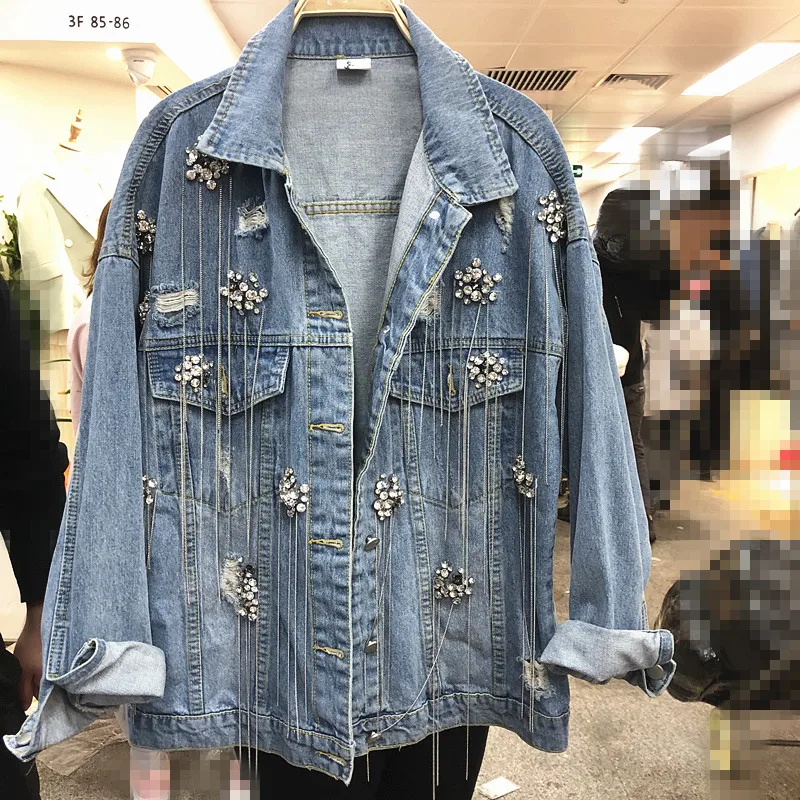 2019 Spring Autumn Women's Denim Cloth Fashion Diamond Chain Tassel Cowboy Jacket Ladies Casual Jeans Coat Students Streetwear
2019 Spring Autumn Women's Denim Cloth Fashion Diamond Chain Tassel Cowboy Jacket Ladies Casual Jeans Coat Students Streetwear