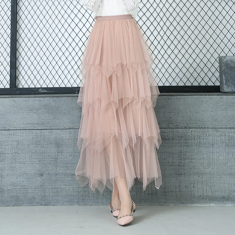 Women's Mesh Layer Cake Fairy Skirt Summer Ruffles Elastic Waist Ladies Sweet Midi Jupe Femme Tulle Tutu Long 3149LY | Женская