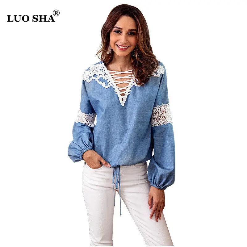 LUOSHA 2018 Autumn Women's Denim Blouse Women Deep V Neck Tie Latern Sleeve Hollow Out Lace Denim Patchwork Tops Shirts Woman
LUOSHA 2018 Autumn Women's Denim Blouse Women Deep V Neck Tie Latern Sleeve Hollow Out Lace Denim Patchwork Tops Shirts Woman