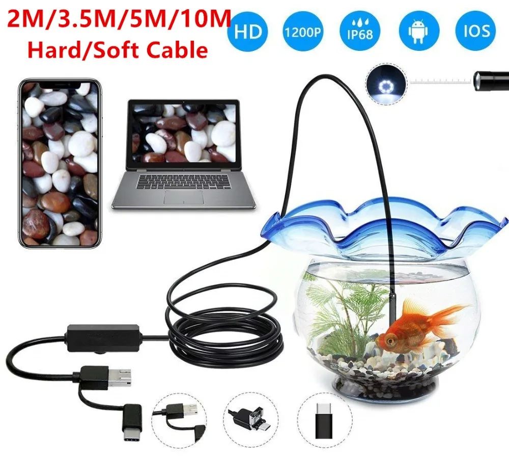 3 in1 2m-10m USB Endoscope Hard/Soft Cable 1200P Borescope Inspection Camera for Android Type-c PC Waterproof Snake Camera
3 in1 2m-10m USB Endoscope Hard/Soft Cable 1200P Borescope Inspection Camera for Android Type-c PC Waterproof Snake Camera