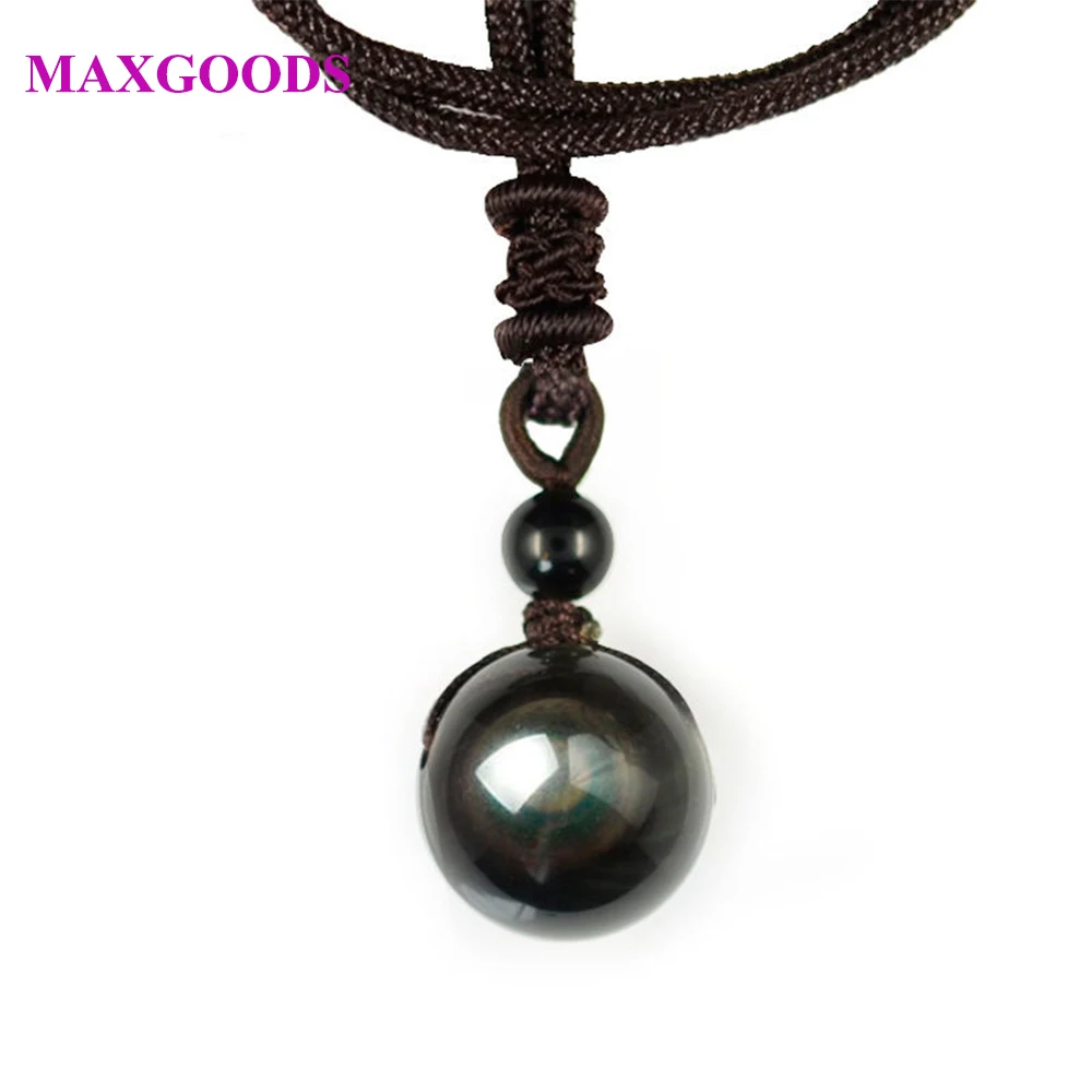 Natural Obsidian Rainbow Eye Transfer Good Luck Bead Pendant Rope Necklace NEW