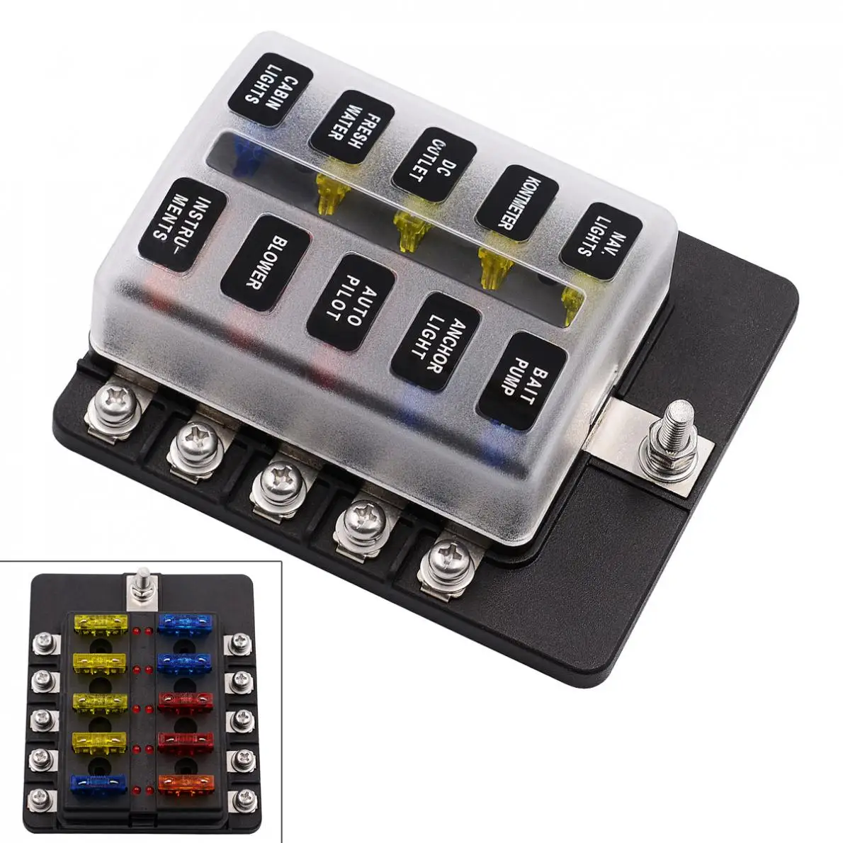 Max 32V Plastic Cover 10 Way Blade Fuse Box Holder M5 stud with LED Indicator for Car Boat Marine
Max 32V Plastic Cover 10 Way Blade Fuse Box Holder M5 stud with LED Indicator for Car Boat Marine