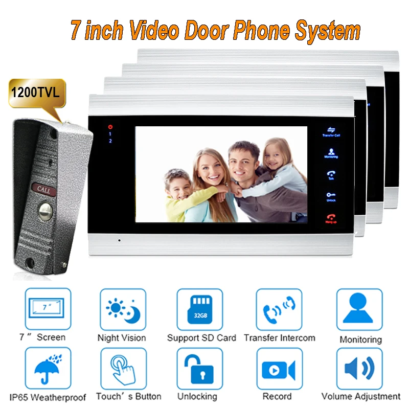 New 7 inch 1200TVL Video Door Phone Doorbell Intercom system With IP65 Camera DoorPhone 1V4 | Безопасность и защита