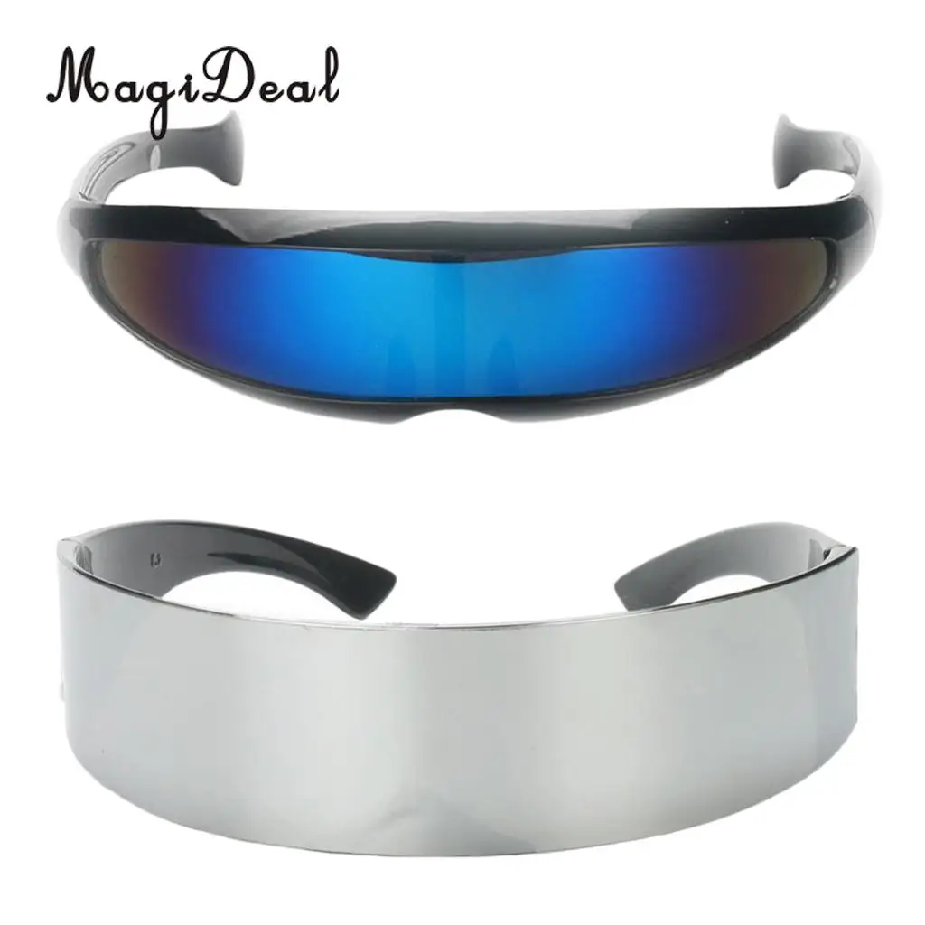 MagiDeal 2 Pieces Stylish Narrow Blue Metallic Silver Outer Space Robot Alien Eyeglasses Shade Eyewear Future Soldier Sunglasses