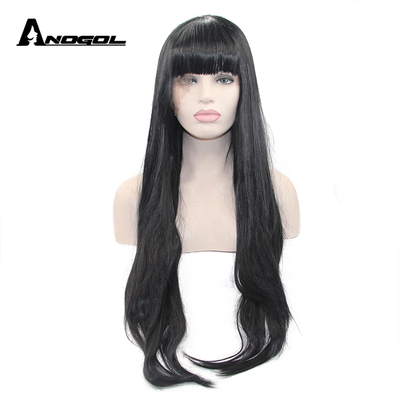 Anogol High Temperature Fiber Brazilian Hair Peruca Fringe Black Long Natural Wave Synthetic Lace Front Wig For Women With Bangs | Шиньоны и