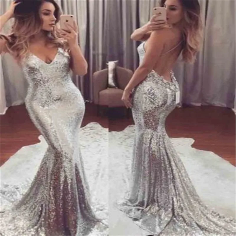 Romantic Mermaid Long Evening Party Dresses 2018 Deep V-neck Strap Sleeveless Women Formal Prom Skinny Sequined Dress Vestiods
Romantic Mermaid Long Evening Party Dresses 2018 Deep V-neck Strap Sleeveless Women Formal Prom Skinny Sequined Dress Vestiods