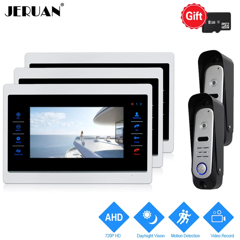 

JERUAN 720P AHD Motion Detection 7`` Video Door Phone Unlock Intercom System 3 Record Monitor +2 HD 1.0MP 110 degree Camera 2V3
