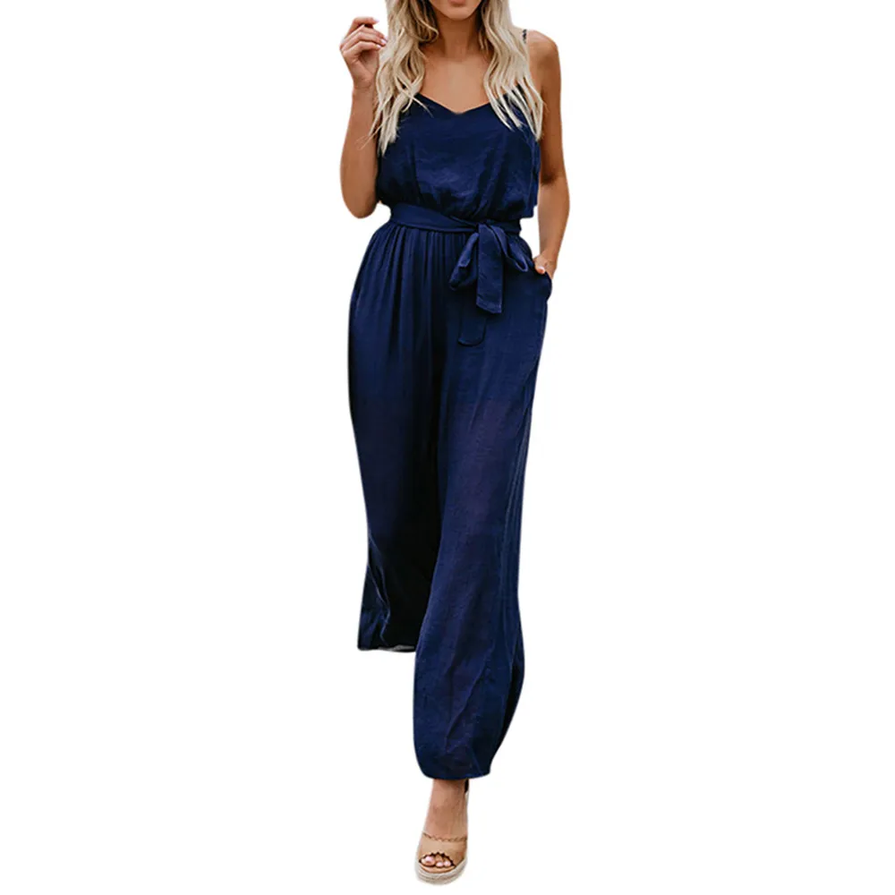 Women Jumpsuit Sexy Backless Rompers Solid Long Camisole Elastic Waist Jumpsuit Women Romper Clothes With Belt Summer
Women Jumpsuit Sexy Backless Rompers Solid Long Camisole Elastic Waist Jumpsuit Women Romper Clothes With Belt Summer