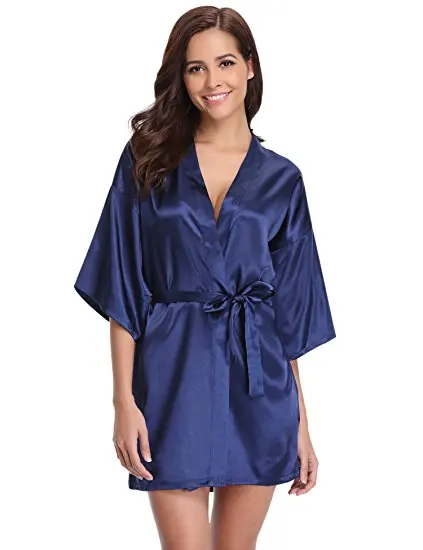 Women Silk Satin Short Night Robe Solid Kimono Robe Fashion Bath Robe Sexy Bathrobe Peignoir Femme Wedding Bride Bridesmaid Robe 130 HTB1V3XJqS8YBeNkSnb4q6yevFXa5