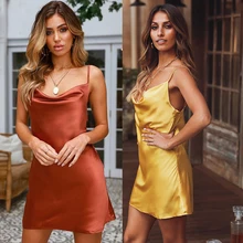 Mini vestido de seda satinado para mujer de verano de moda 2019, sexy y Club rojo Oro Verde espagueti correa sin mangas sin tirantes vestidos sin tirantes(China)