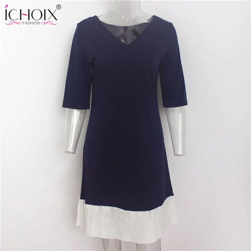 2018 Summer Work Wear Dress Fashion Blue Khaki Patchwork Casual Style Straight Short Dress Office Half Sleeve O-Neck Mini Dress 27