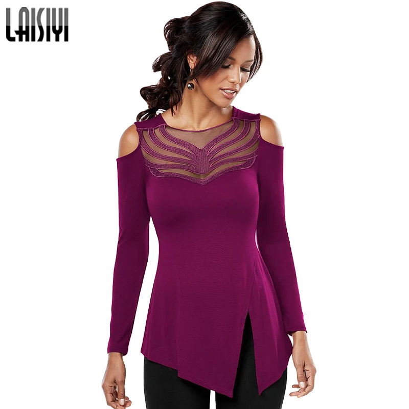 LAISIYI Women Off Shoulder Sexy Blouse Mesh Stitching O neck Long Sleeve Shirts Split Irregular Hem Solid Tops Blusas ASBL20024
LAISIYI Women Off Shoulder Sexy Blouse Mesh Stitching O neck Long Sleeve Shirts Split Irregular Hem Solid Tops Blusas ASBL20024