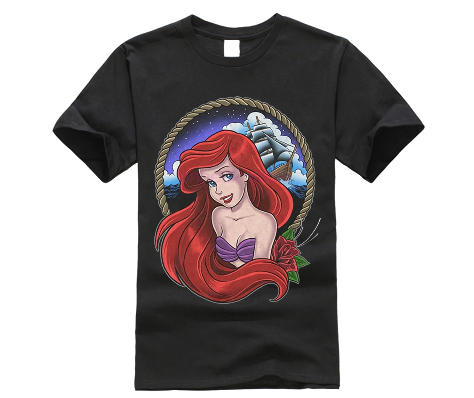 LEQEMAO Short Sleeve T-shirt Funny Print The Little Mermaid Ariel Rope Frame Mens Graphic T Shirt | Мужская одежда