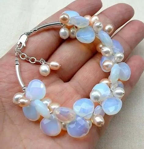 Stunning pink white pearl hand and moonstone bracelet>>> women jewerly Free shipping | Украшения и аксессуары