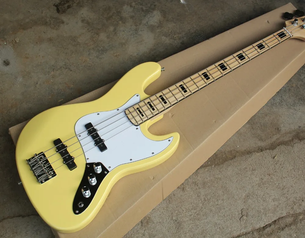 

Factory 4 String Milk Yellow Electric Bass Guitar with Black Block Fret Inlay,Chrome Hardware,White Pickguard,Offer Customized