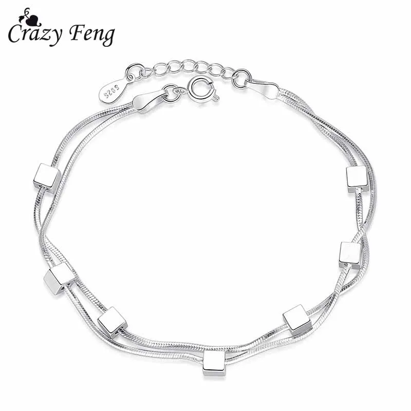 

Crazy Feng Luxury Lover's Gift Silver Color Square Star Beads Layers Bracelet and Bangles Wedding Party Jewelry Chain Bracet