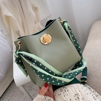 Summer new women's bag new wave fashion wild fashion solid color shoulder Messenger bag small dot silk scarf bucket bag 
Summer new women's bag new wave fashion wild fashion solid color shoulder Messenger bag small dot silk scarf bucket bag