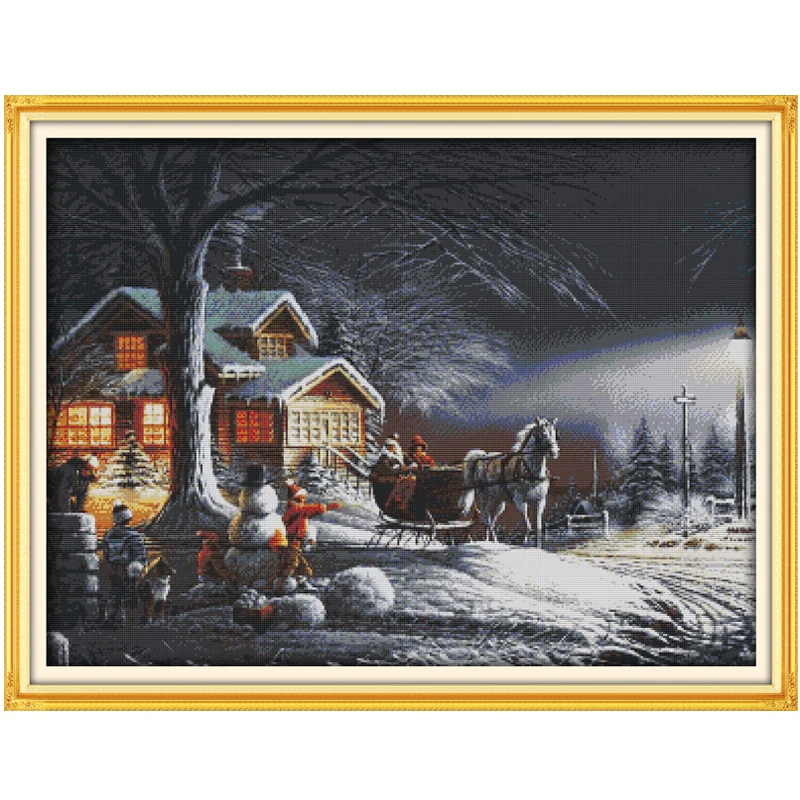 Joy Sunday Big Size Snowy Night Viliage Landscape Cross Stitch Kit Set For Embroidery Needlework Counted Cross-Stitch Kit