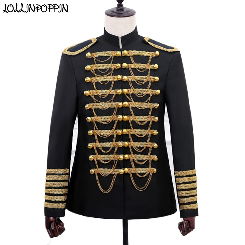 European Military Stand Collar Men Suit Jacket Royal Punk Fashion Stage Costume Metal Chains Mens Epaulet Blazers
European Military Stand Collar Men Suit Jacket Royal Punk Fashion Stage Costume Metal Chains Mens Epaulet Blazers