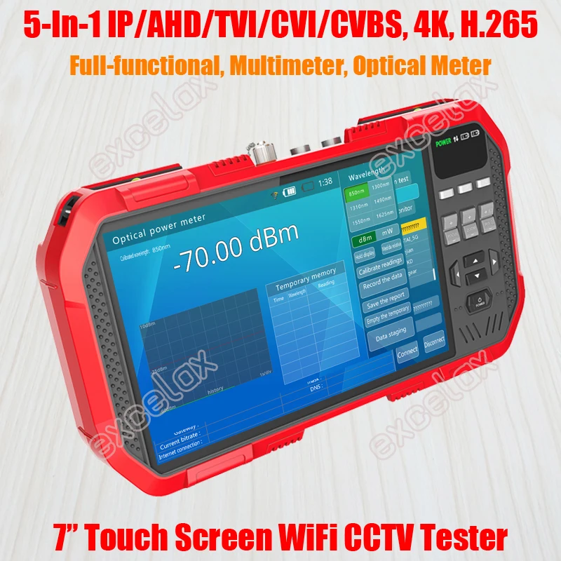 Full-functional 5-In-1 IP AHD TVI CVI CVBS Analog Camera CCTV Tester 7" Touch Screen 4K 8MP WiFi ONVIF TDR Optic Multimeter Test
Full-functional 5-In-1 IP AHD TVI CVI CVBS Analog Camera CCTV Tester 7" Touch Screen 4K 8MP WiFi ONVIF TDR Optic Multimeter Test