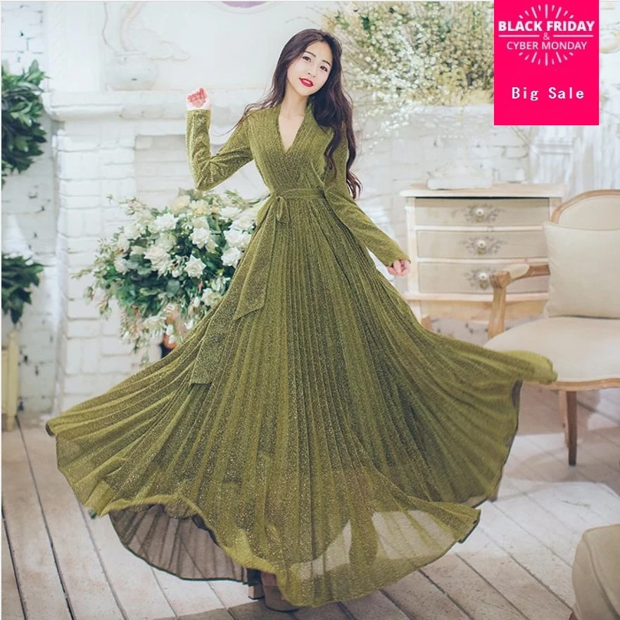 2018 new spring bright pleated lace up dress high waist Slim temperament long dress dress female dignified banquet dress L274
2018 new spring bright pleated lace up dress high waist Slim temperament long dress dress female dignified banquet dress L274