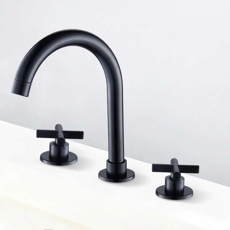 

Basin Faucets Brass Black/Chrome Finish Deck Mounted Square Bathroom Sink Faucets 3 Hole Double Handle Hot and Cold Water Taps