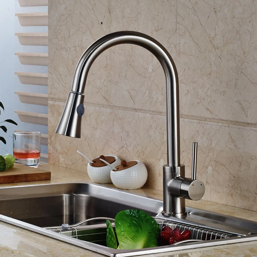 Pull Out Nickel Brushed Kitchen Faucet Swivel Spout Vessel Sink Mixer Tap